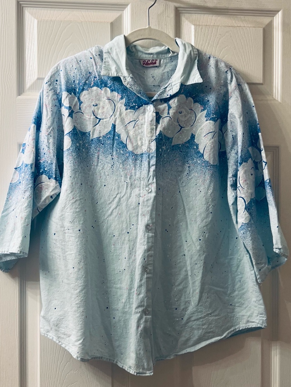 VTG 80s Jess Floral Airbrush Paint Splatter Button Up Shirt Blouse L